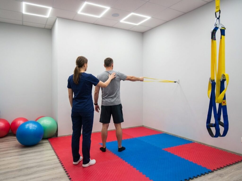 Pacjent od tyłu ćwiczy rotację zewnętrzną barku z żółtą taśmą oporową, fizjoterapeuta obok koryguje łopatkę — sala ćwiczeń CRMed z matami i TRX