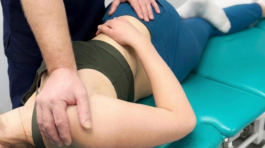 Dłonie fizjoterapeuty na łopatce i biodrze pacjentki leżącej na boku na turkusowej leżance — terapia manualna barku w gabinecie CRMed