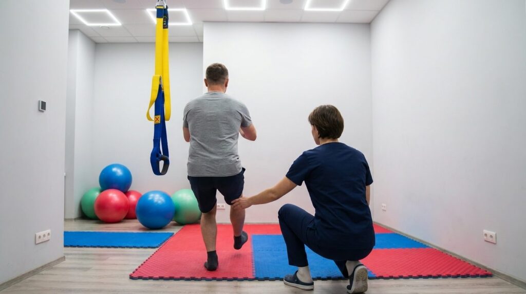 Pacjent od tyłu wykonuje przysiad na jednej nodze na matach, fizjoterapeuta w przysiadzie ocenia oś kolana — sala ćwiczeń CRMed