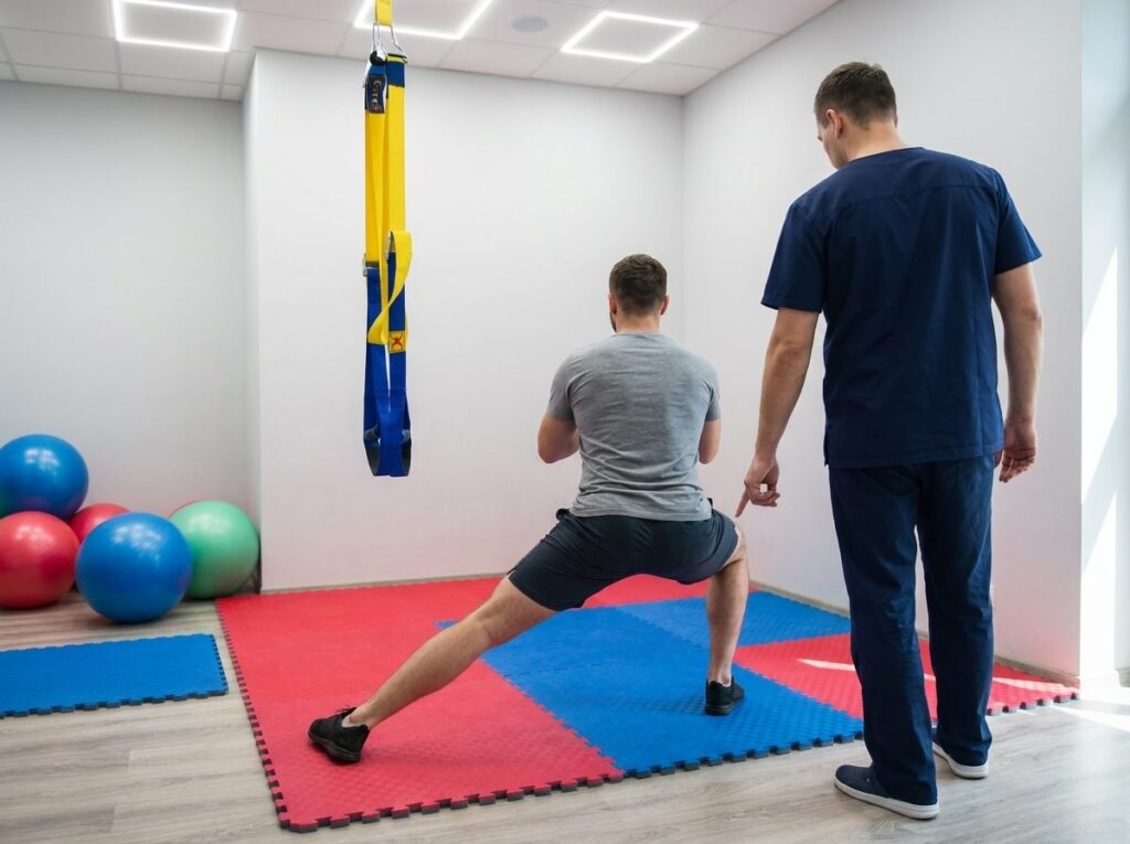 Sportowiec od tyłu wykonuje wykrok boczny na matach, fizjoterapeuta od tyłu wskazuje ustawienie kolana — sala ćwiczeń CRMed