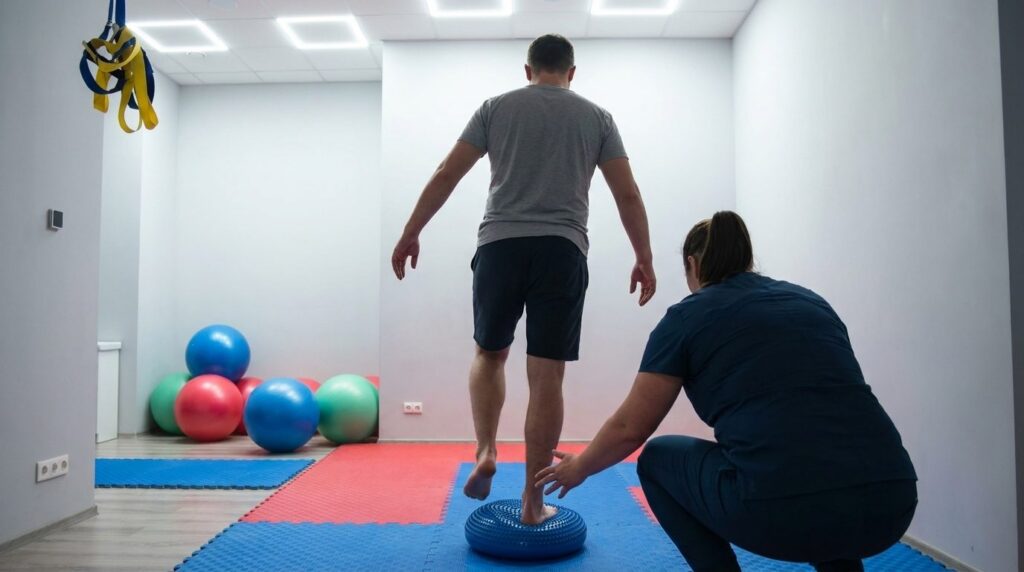 Pacjent od tyłu stoi na jednej nodze na niebieskiej półkuli równoważnej, fizjoterapeuta w przysiadzie ocenia staw skokowy — sala ćwiczeń CRMed