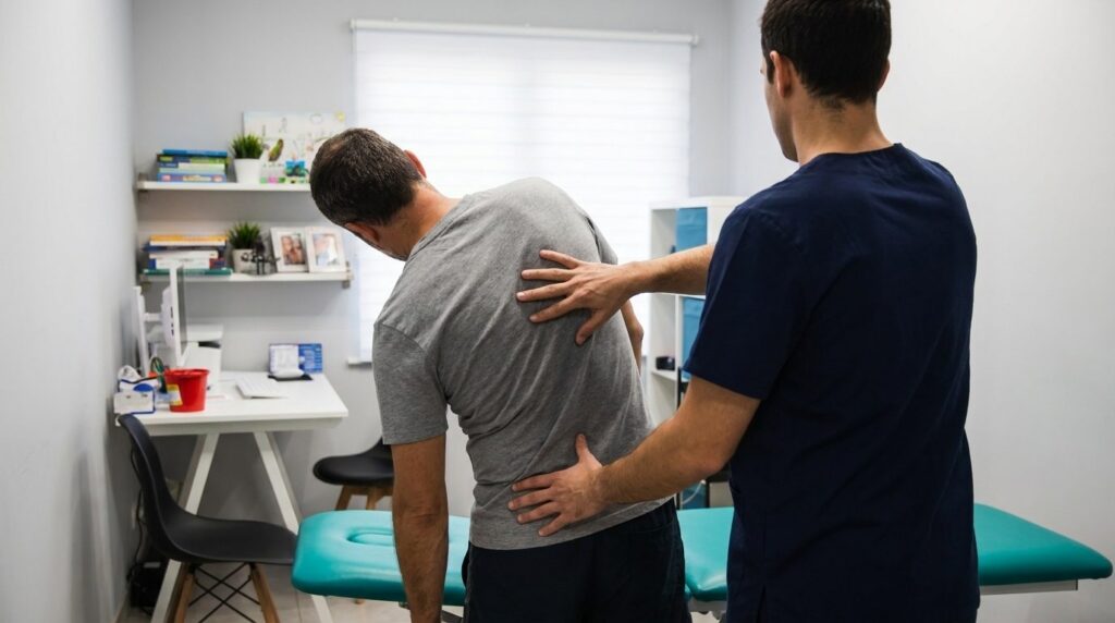 Pacjent od tyłu wykonuje skłon boczny, fizjoterapeuta od tyłu z dłońmi na miednicy i odcinku piersiowym — ocena ruchu kręgosłupa, gabinet CRMed