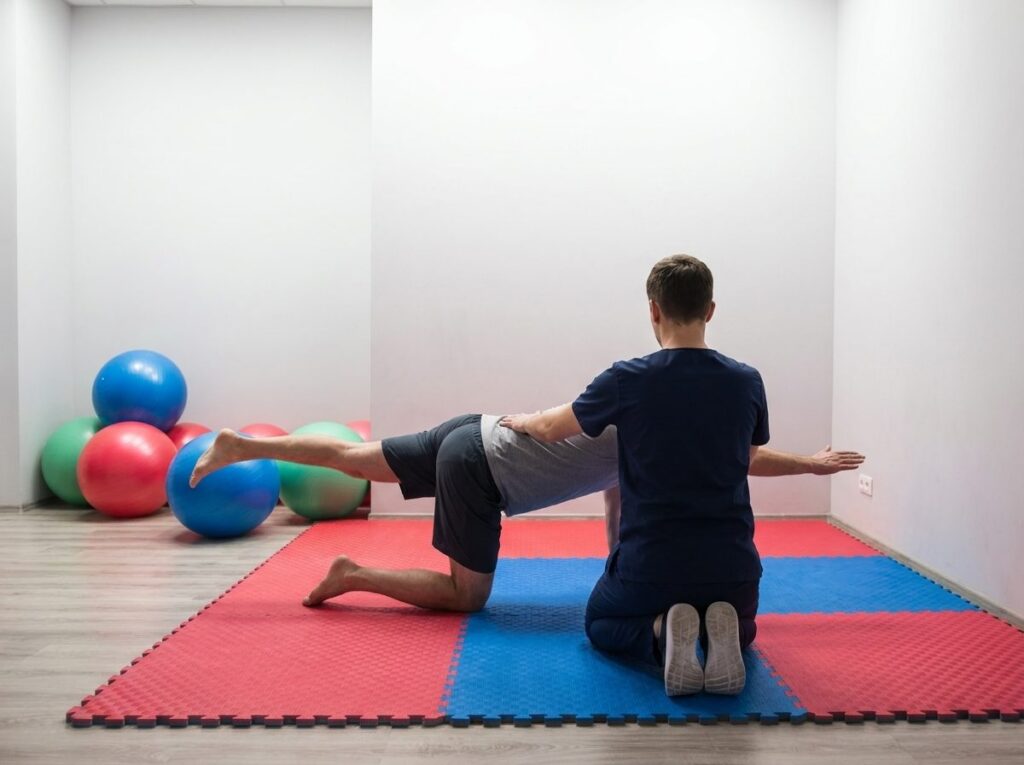 Pacjent w klęku podpartym unosi przeciwną rękę i nogę na matach, fizjoterapeuta od tyłu kontroluje ustawienie miednicy — sala ćwiczeń CRMed