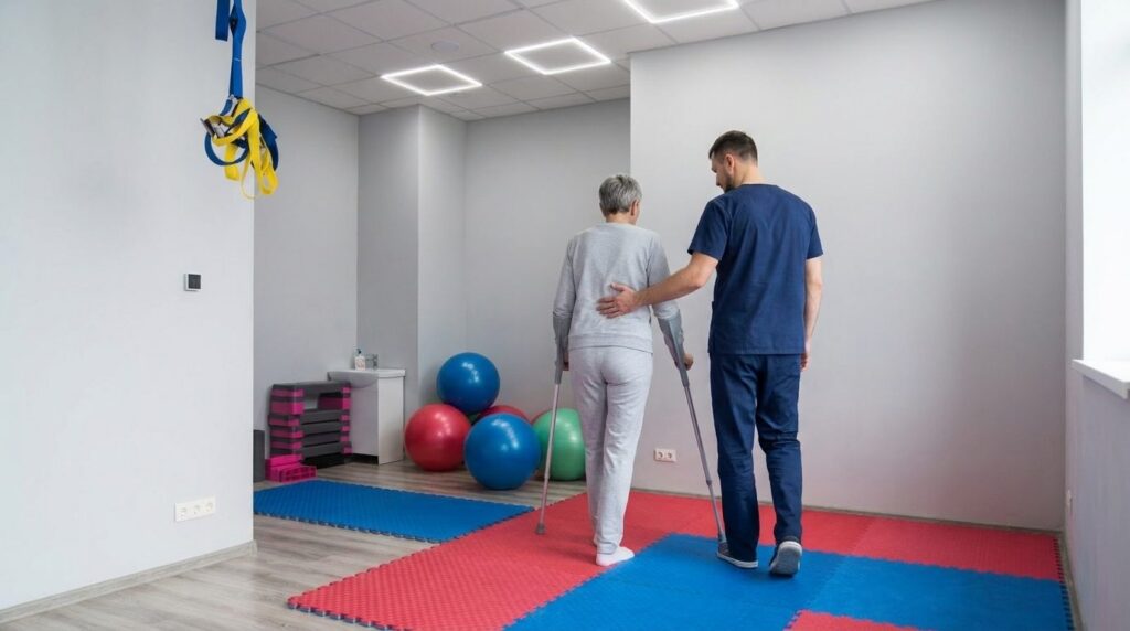 Nauka chodu o kulach z asekuracją fizjoterapeuty w sali rehabilitacji CRMed Gliwice