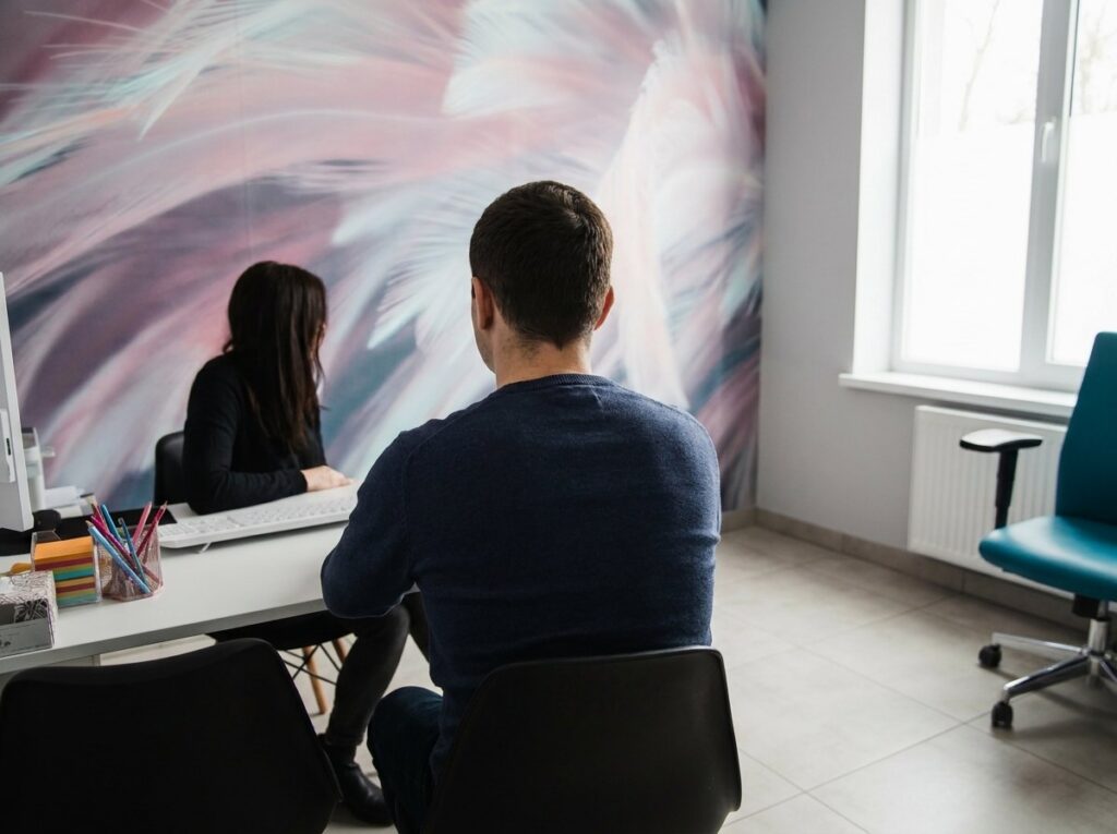 Dwie osoby rozmawiają przy białym stole w gabinecie konsultacyjnym CRMed, obie widoczne od tyłu — ujęcie ilustracyjne