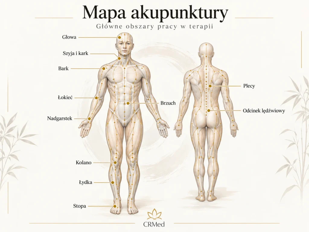 Mapa akupunktury przedstawiająca główne obszary ciała i punkty terapii